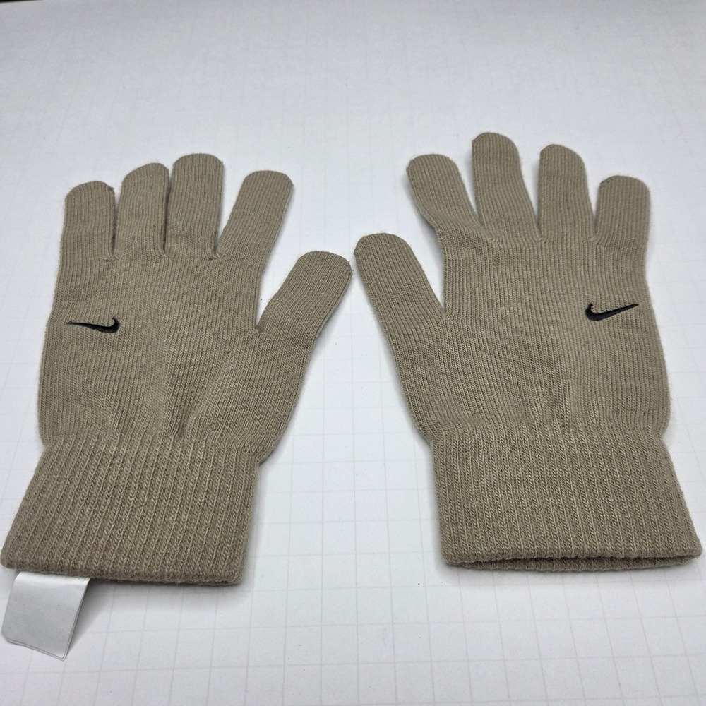 Nike Knit Gloves Swoosh Logo L/XL Tan Khaki Stretch Winter Warm Mens Womens